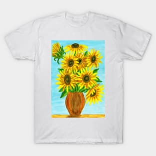 Bouquet with sunflowers in vase on light blue T-Shirt